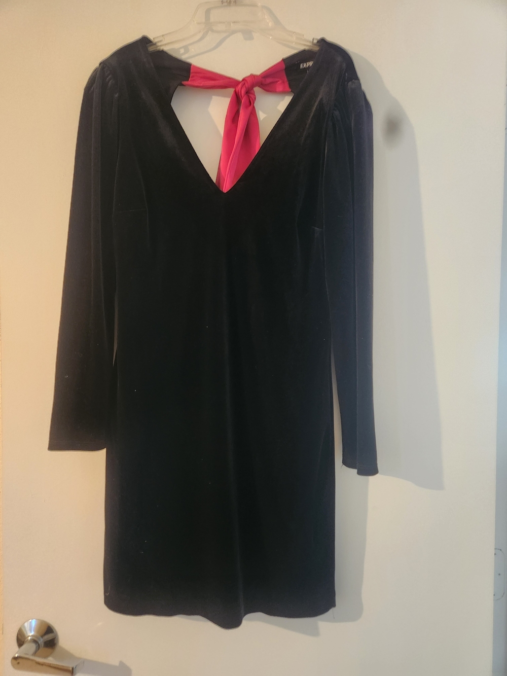 Express Black Velvet Long-Sleeve Dress with Pink Back Tie